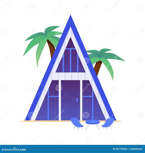Blue a-frame Bungalow with Panoramic Windows and Palm Trees, Vector Cartoon Isolated Modern ...