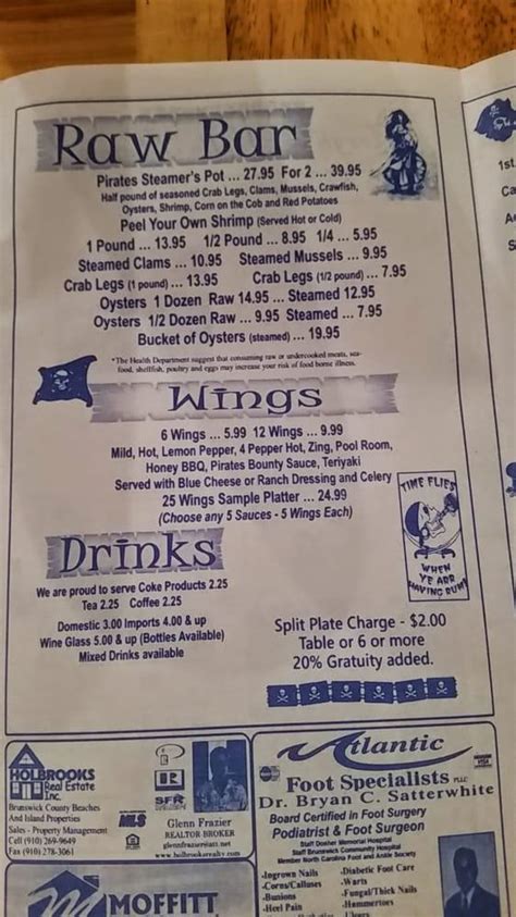 Menu at Pirates Deck pub & bar, Oak Island, E Oak Island Dr