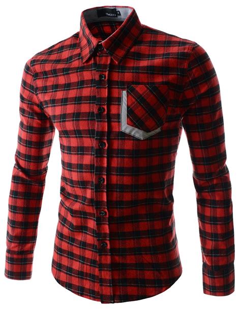 (CHS272-RED) Mens Slim Fit Checker Pattern Chest Pocket Patched Long ...