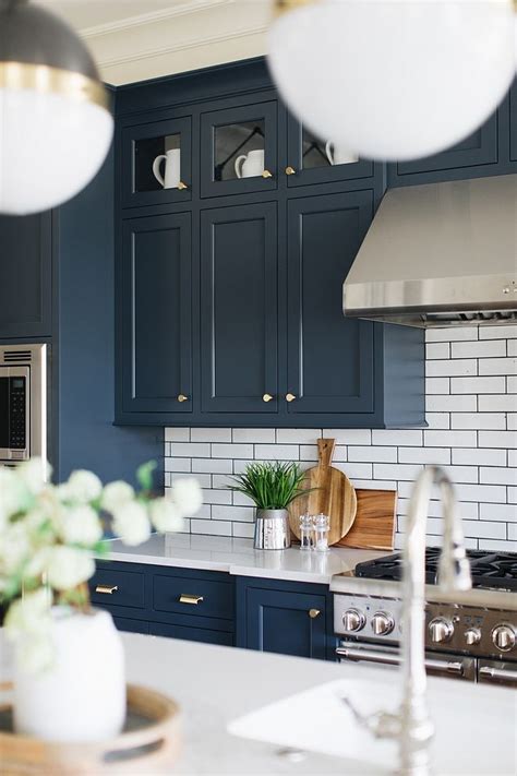 Blue Navy Kitchen with small white subway tile and brass hardware all ...