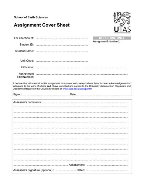 Utas Assignment Cover Sheet Business - cover sheet court