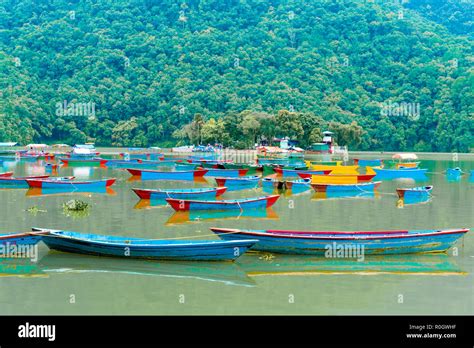 Pokhara, Nepal - July 31, 2018 : Colourful boats on Phewa lake in ...