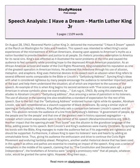 Speech Analysis: I Have a Dream - Martin Luther King Jr Free Essay Example