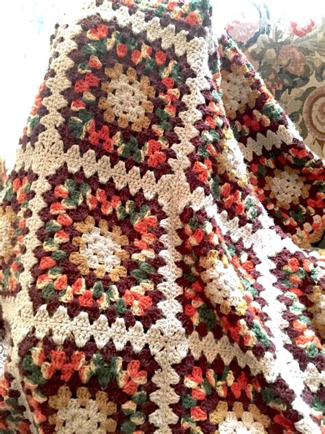 Granny Square Afghan Throw, Crochet Lap Blanket, Fall Autumn Colors, Brown Cream Green, Orange ...