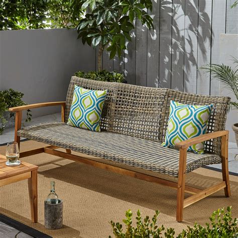 Marcia Outdoor Wood and Wicker Sofa, Natural Finish with Gray Wicker - Walmart.com - Walmart.com