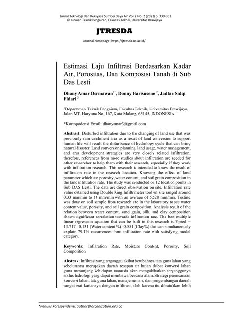 (PDF) Estimasi Laju Infiltrasi Berdasarkan Kadar Air, Porositas, Dan Komposisi Tanah di Sub DAS ...