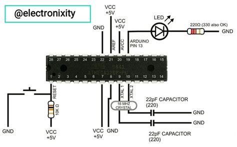 This is the basic configuration of ATmega328p to be used on Breadboard with an LED on Digital ...