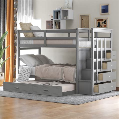 Segmart 91.3'' x 42.4'' x 65.7'' Wood Bunk Bed Twin Over Twin with Trundle Solid Wood, Easy ...