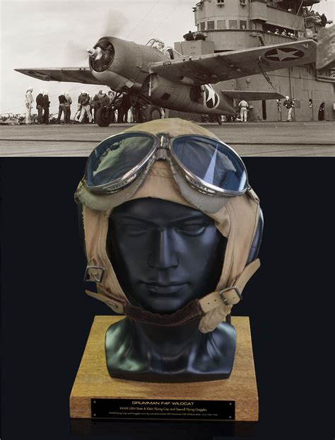 GRUMMAN F4F WILDCAT WWII USN SLOTE & KLEIN AN-48440-1 FLYING HELMET WITH 'BLUE GLASS LENS ...