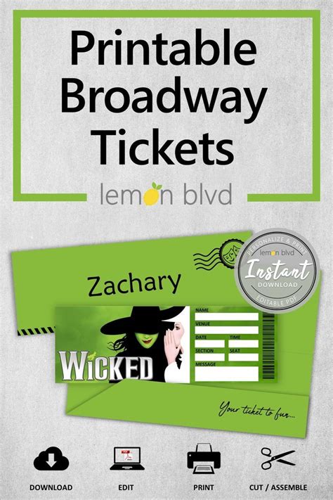 Wicked Ticket Printable Surprise Gift Reveal Broadway Musical Theatre ...