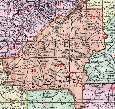 Shelby County, Alabama, Map, 1911, Columbiana, Wilsonville, Pelham, Montevallo, Calera