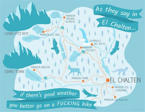 Illustrated map of hiking trails in El Chalten, Argentina Hiking Map, Illustrated Map, Trekking ...