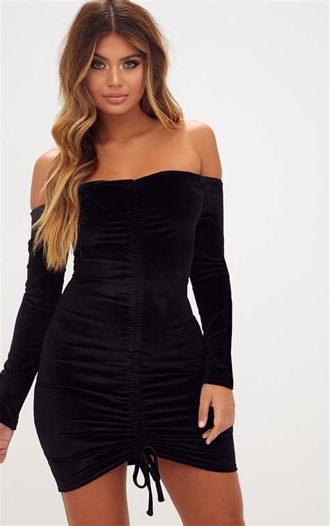 Black Velvet Long Sleeve Bardot Bodycon Dress | PrettyLittleThing AUS