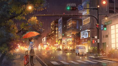 Wallpaper : anime girls, umbrella, rain, town, moescape 1920x1080 ...