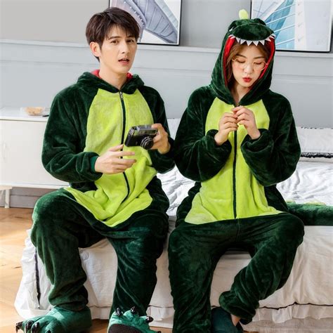 Dinosaur Onesie Pajamas for Couples Adult Animal Onesies Flannel Zip up - Luckyonesie.com