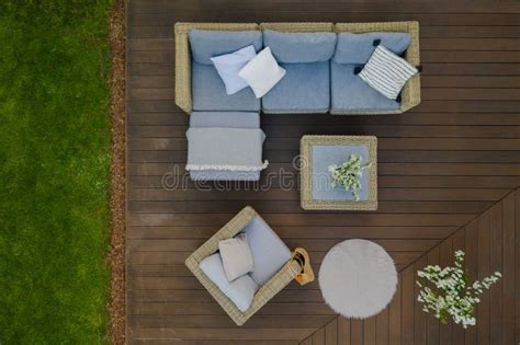 Wooden Terrace with Comfortable Wicker Garden Furniture Stock Photo ...