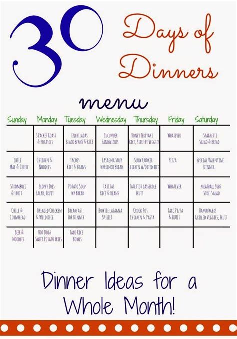 30 Days of Dinner Menu for a Whole Month