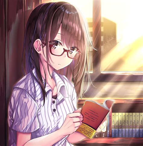 Anime Girl, Cute, Reading, Moe, Brown Hair, Meganekko, Sunlight ...