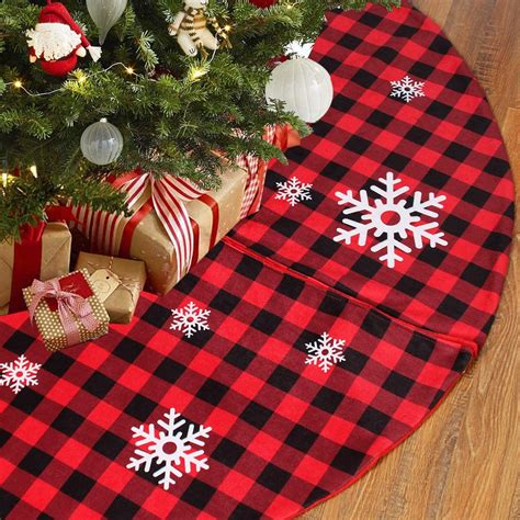 Red/Black Buffalo Plaid Christmas Tree Skirt with Snowflakes