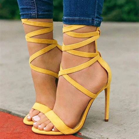 Cute Yellow Open Toe Lace-Up Stiletto Heel Sandals>>Material:Suede | Heel sandals outfit ...