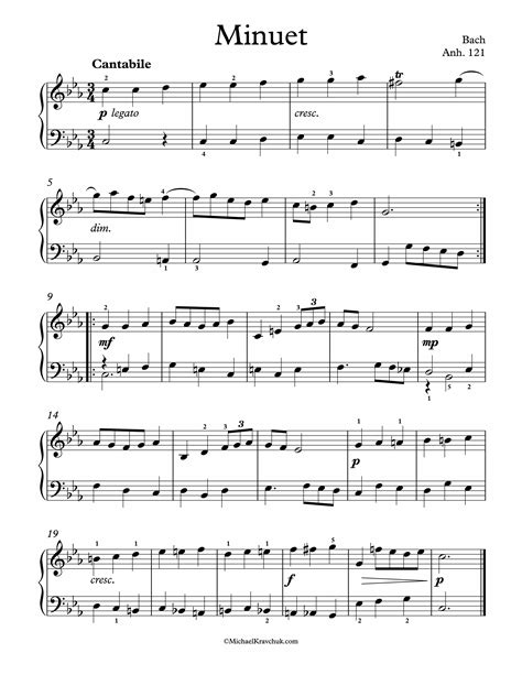 Free Piano Sheet Music – Minuet – Anh. 121 – Bach – Michael Kravchuk