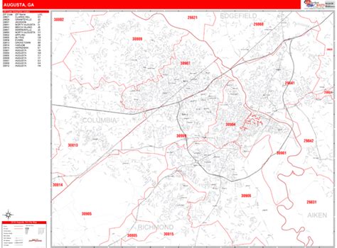 Augusta Georgia Zip Code Wall Map (Red Line Style) by MarketMAPS