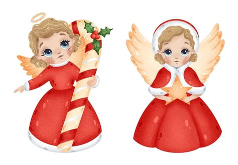 Premium Vector | Cute cartoon christmas girls angels with star and christmas candy cane set