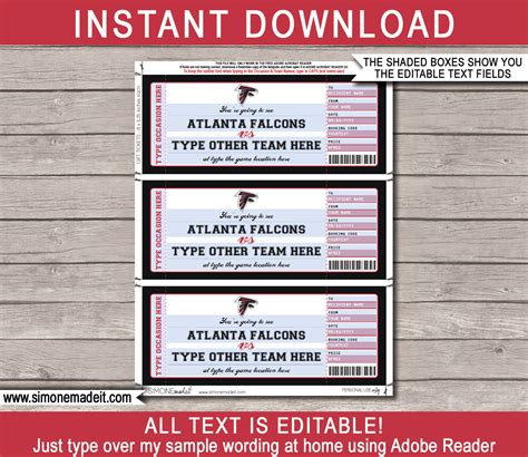 Atlanta Falcons Game Ticket Gift Voucher | Printable Surprise Football Tickets