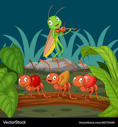 Cartoon ant and grasshopper in the garden Vector Image