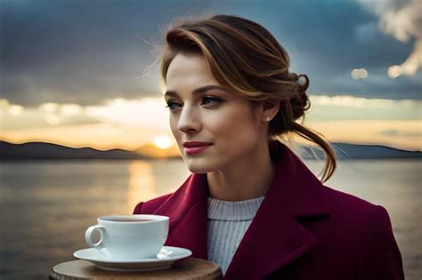 Premium Photo | A woman holding a cup of coffee on a table with the sunset in the background.