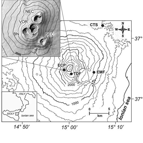 Map of Mount Etna volcano and location of the seismic stations used in ...