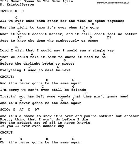 Kris Kristofferson song: It's Never Gonna Be The Same Again, lyrics and ...