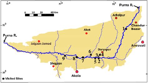 Map of the Purna river channel and its tribuaries showing tephra ...