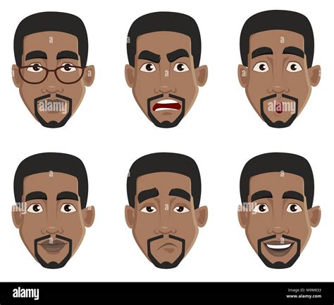 Face expressions of African American man. Different male emotions set. Handsome cartoon ...