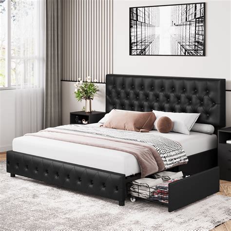 Homfa King Bed Frame with Storage, 4-Drawer Faux Leather Upholstered ...