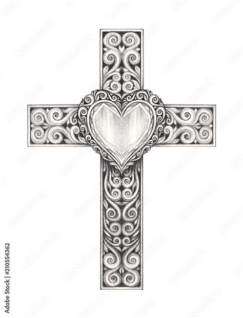 Art Design Heart mix Vintage Cross. Hand pencil drawing on paper. Stock ...