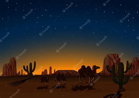 Premium Vector | Silhouette Camels in Desert at Night