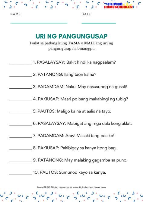 Uri ng Pangungusap Worksheets — The Filipino Homeschooler