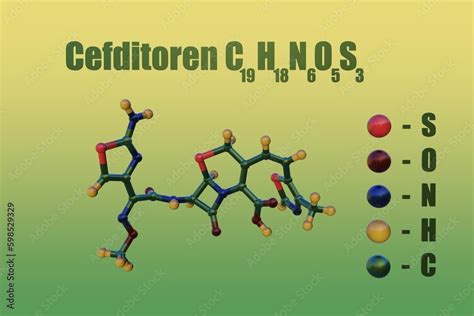 Cefditoren, an oral, broad-spectrum antibiotic. Structural chemical formula and molecular model ...