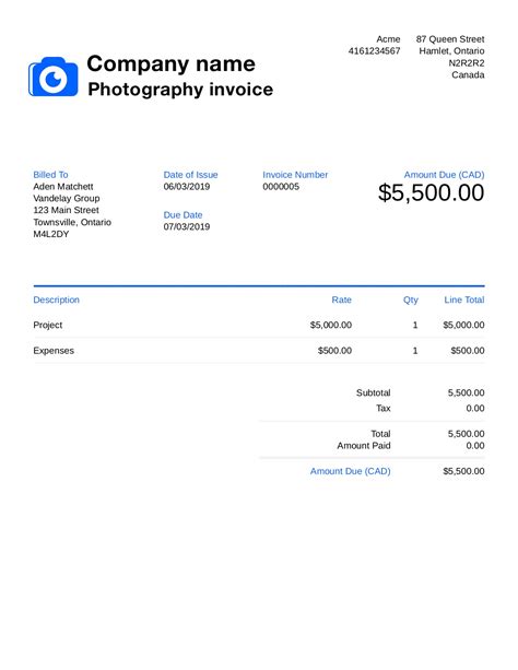 Free Photography Invoice Template. Customize and Send in 90 Seconds