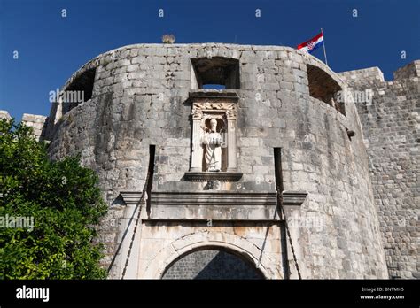 Statue of St Blaise over Pile Gate Dubrovnik way into the city walls of the fortified old town ...