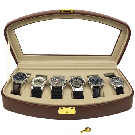 Amazon.com: Watch Box Storage Case For 6 Watches Brown Leather Glass ...