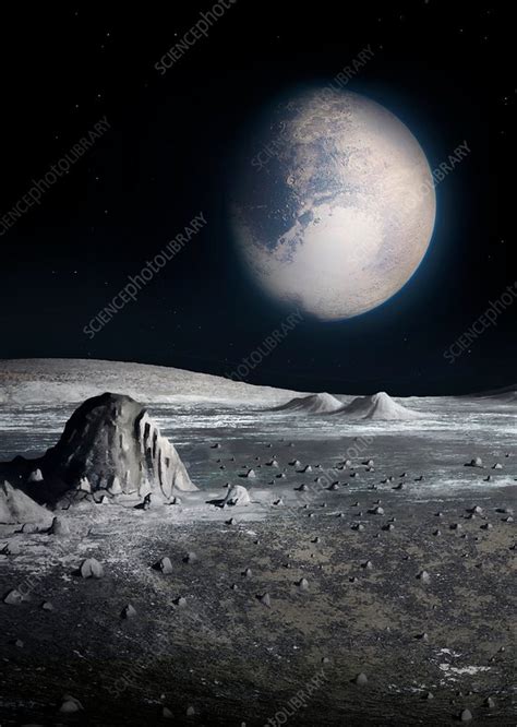 Pluto from the surface of Charon, illustration - Stock Image - F021 ...