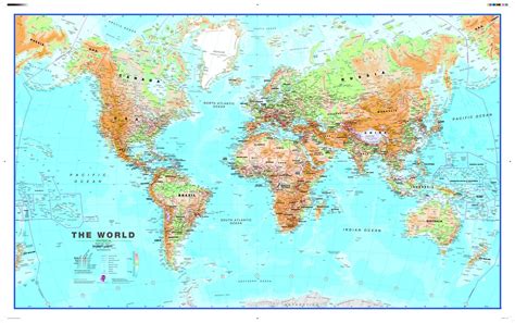 Large World Wall Map , Physical - without flags | Maps.com.com