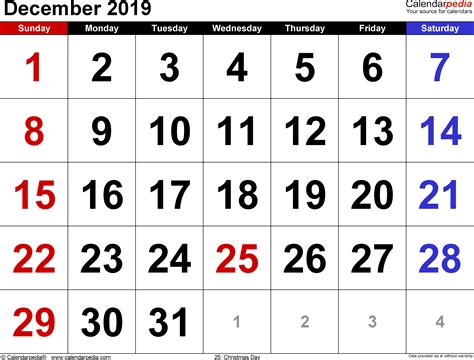 December 2019 - calendar templates for Word, Excel and PDF