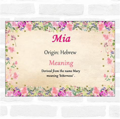 Mia Name Meaning Floral Certificate - The Card Zoo