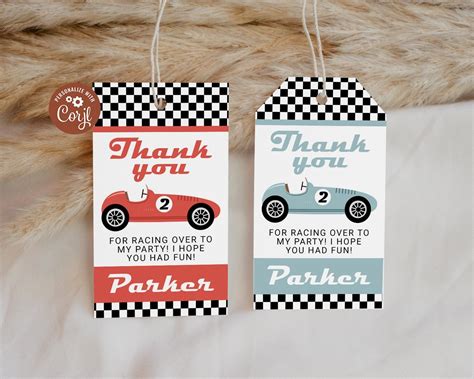 Vintage Race Car Party Favor Tag EDITABLE, Racing Birthday Thank You Tags Printable, Two Fast ...