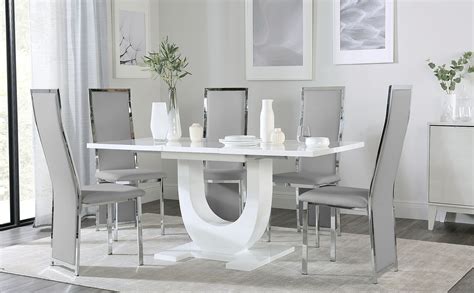 Oslo White High Gloss Extending Dining Table with 4 Celeste Light Grey Leather Chairs ...