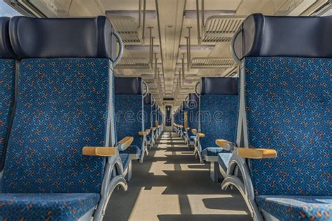 Interior of Blue Train with Blue Seat and Wooden Armrest Stock Image - Image of line, black ...