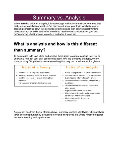 Analysis Vs. Summary - Summary vs. Analysis When asked to write an ...